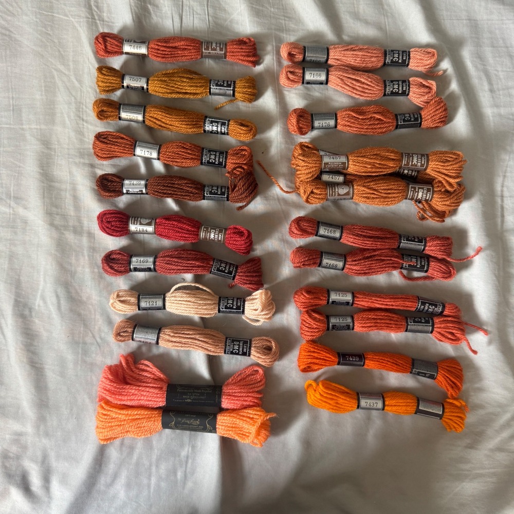 DMC Tapestry Wool Yarn Lot 23pc Orange Peach Rust 100% Wool Needlepoint Thread